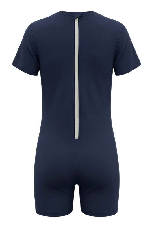 Dark blue bamboo romper with short legs and zipper on the back