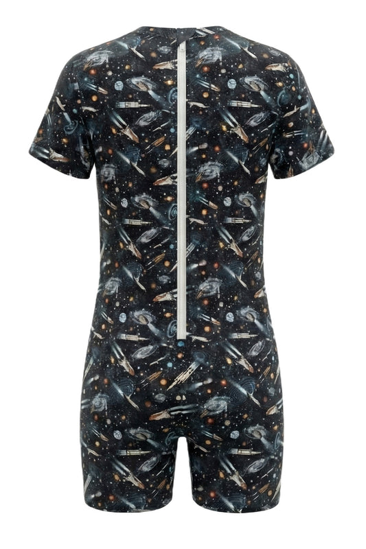 Bamboo Space Romper with short legs and back zipper