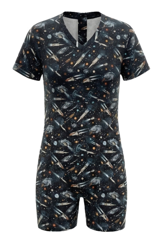 Bamboo Space Romper with short legs and back zipper