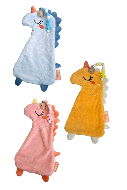 Large pacifier cuddly toy Dino with pacifier cord